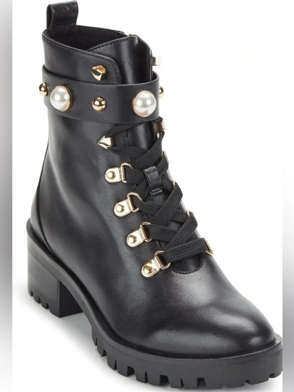 Karl Lagerfeld Paris Perry Faux Pearl Accents Leather Lace-Up Combat Boots 8